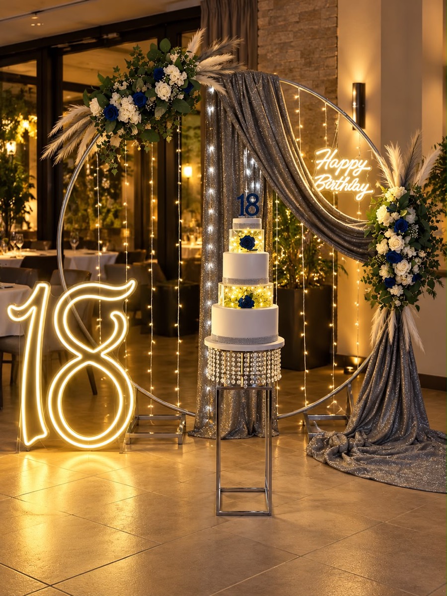 Allestimento 18 anni a Chieti: backdrop, torta e scritta luminosa — Adoro! Party